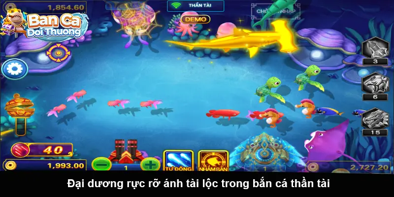 Đại dương rực rỡ ánh tài lộc trong bắn cá thần tài.